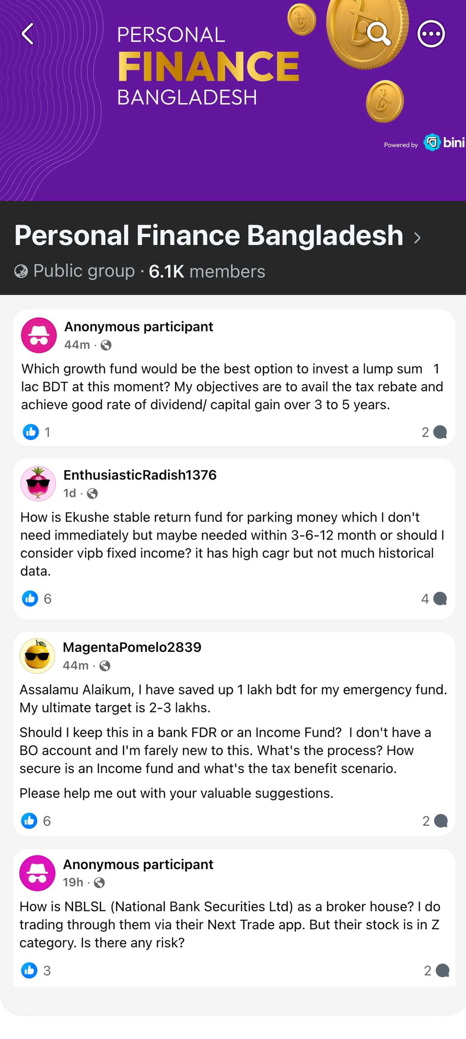 The Personal Finance Bangladesh community group in the Bini app